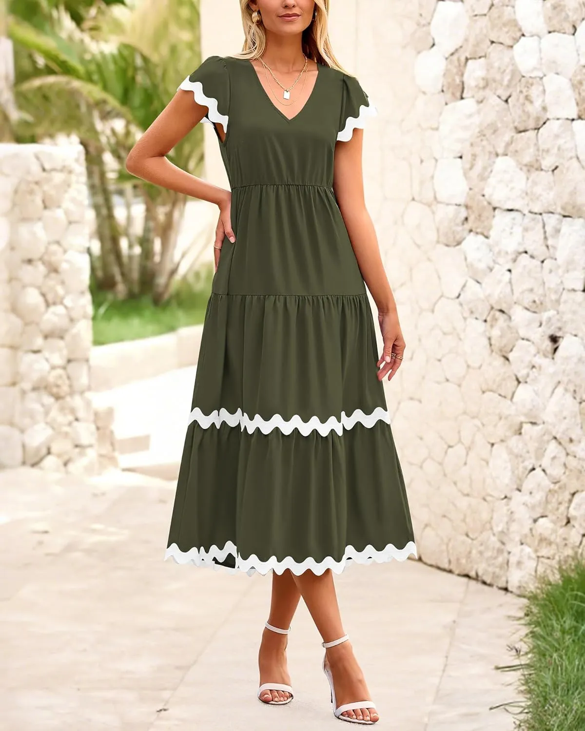 BTFBM Spring Summer Dresses for Women 2025 Vacation V Neck Cap Sleeve RIC Rac Loose Flowy Beach Midi Dress with Pocket