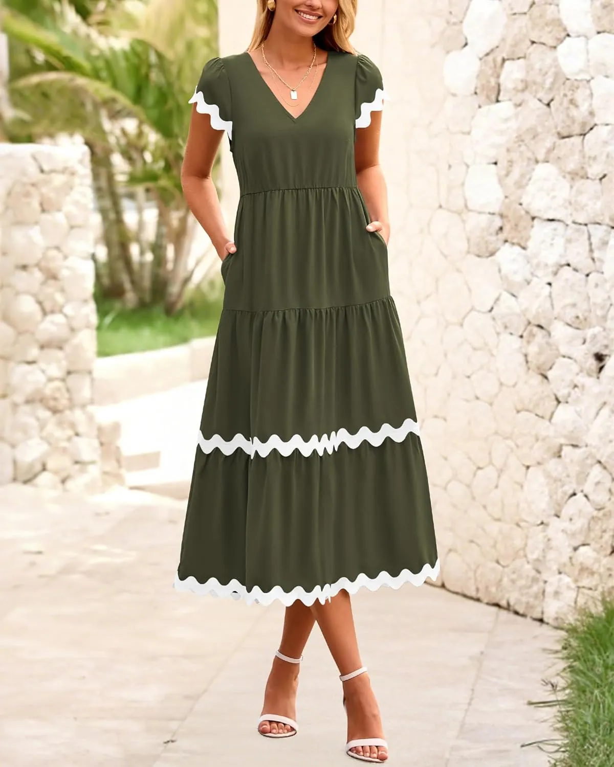 BTFBM Spring Summer Dresses for Women 2025 Vacation V Neck Cap Sleeve RIC Rac Loose Flowy Beach Midi Dress with Pocket