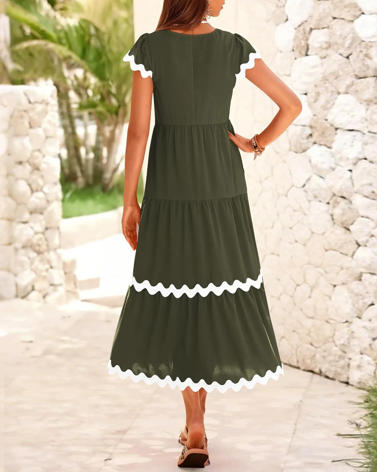 BTFBM Spring Summer Dresses for Women 2025 Vacation V Neck Cap Sleeve RIC Rac Loose Flowy Beach Midi Dress with Pocket