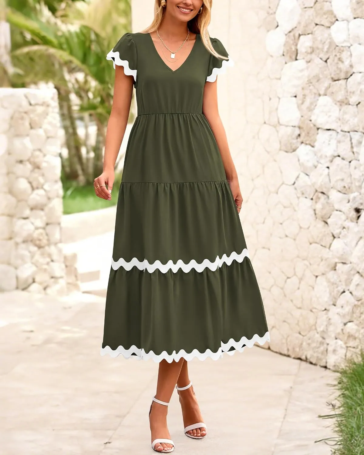 BTFBM Spring Summer Dresses for Women 2025 Vacation V Neck Cap Sleeve RIC Rac Loose Flowy Beach Midi Dress with Pocket