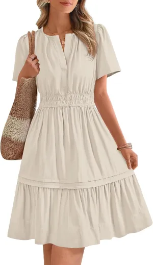 BTFBM Women's Casual Dresses 2025 Summer Spring V Neck Short Sleeve Sundress Smocked Waist A Line Tiered Mini Dress