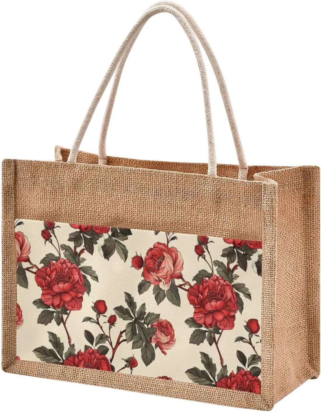 Burlap Tote Bag Jute Beach Handbags with Handles Zipper Reusable Grocery Bags for Women rose print
