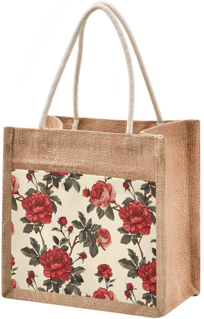 Burlap Tote Bag Jute Beach Handbags with Handles Zipper Reusable Grocery Bags for Women rose print