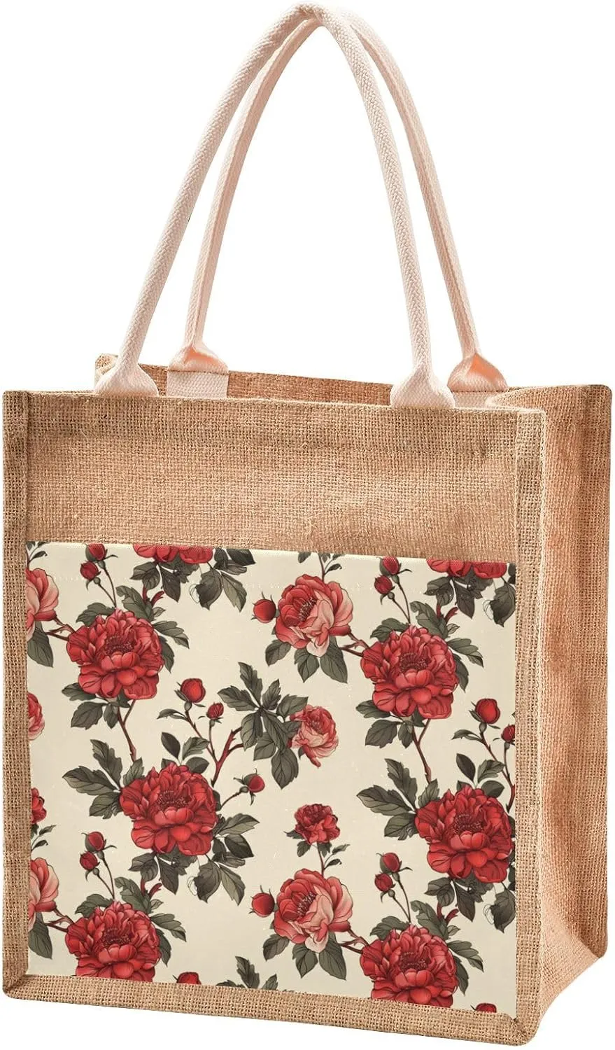Burlap Tote Bag Jute Beach Handbags with Handles Zipper Reusable Grocery Bags for Women rose print