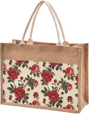 Burlap Tote Bag Jute Beach Handbags with Handles Zipper Reusable Grocery Bags for Women rose print