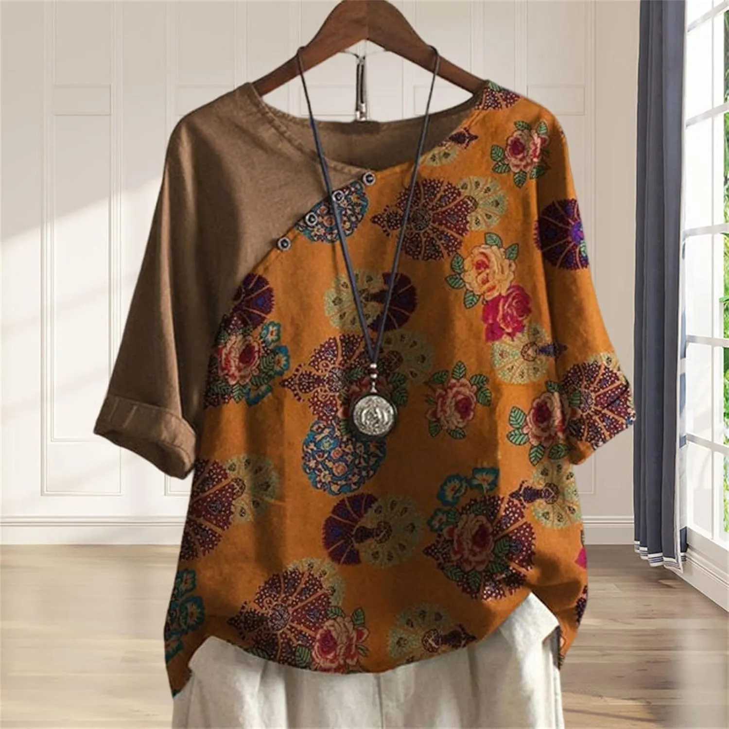 Button Down Shirts for Women Raglan Sleeve Hem Slit Loose Short Sleeve Button Decoration Womens Button Down Blouse