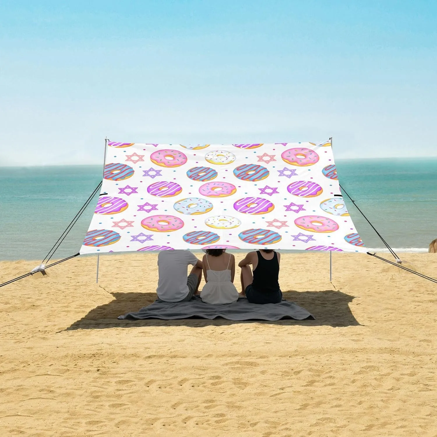 Canopy Beach Tent Outdoor Patio Sun Shade 9.2 × 10.5 FT Pool Camping Sun Shelter Custom Colorful Donuts Star Print Sunshade with Sandbags Anchor