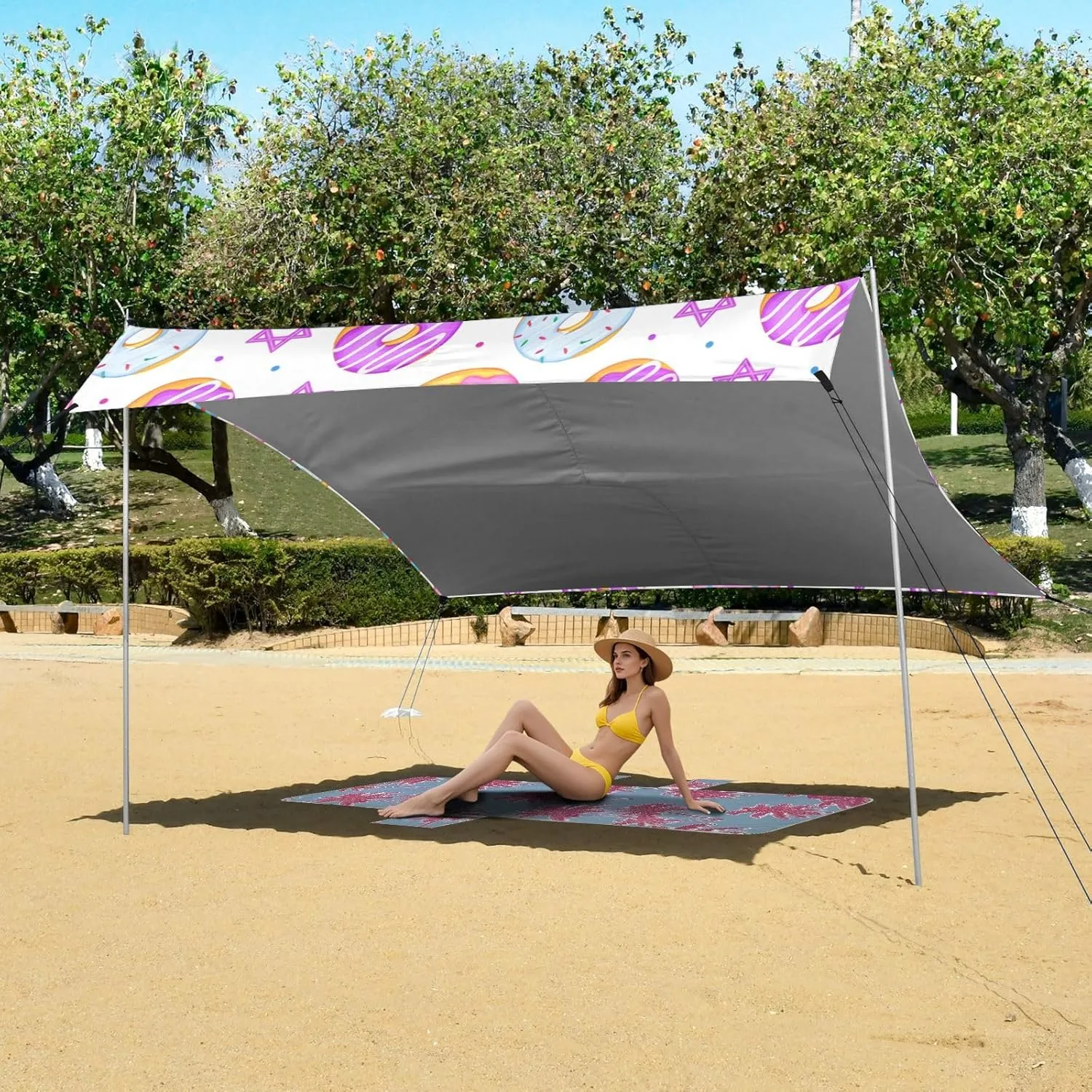 Canopy Beach Tent Outdoor Patio Sun Shade 9.2 × 10.5 FT Pool Camping Sun Shelter Custom Colorful Donuts Star Print Sunshade with Sandbags Anchor
