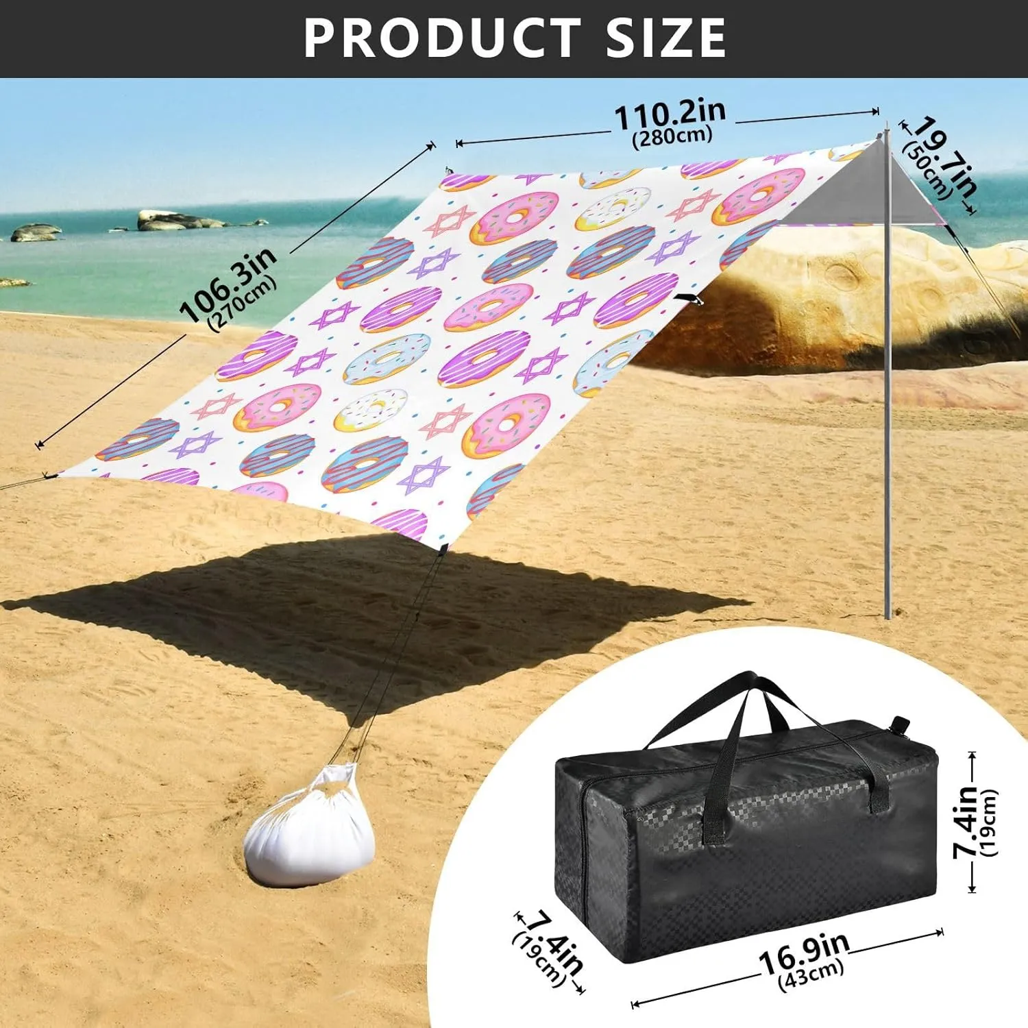 Canopy Beach Tent Outdoor Patio Sun Shade 9.2 × 10.5 FT Pool Camping Sun Shelter Custom Colorful Donuts Star Print Sunshade with Sandbags Anchor