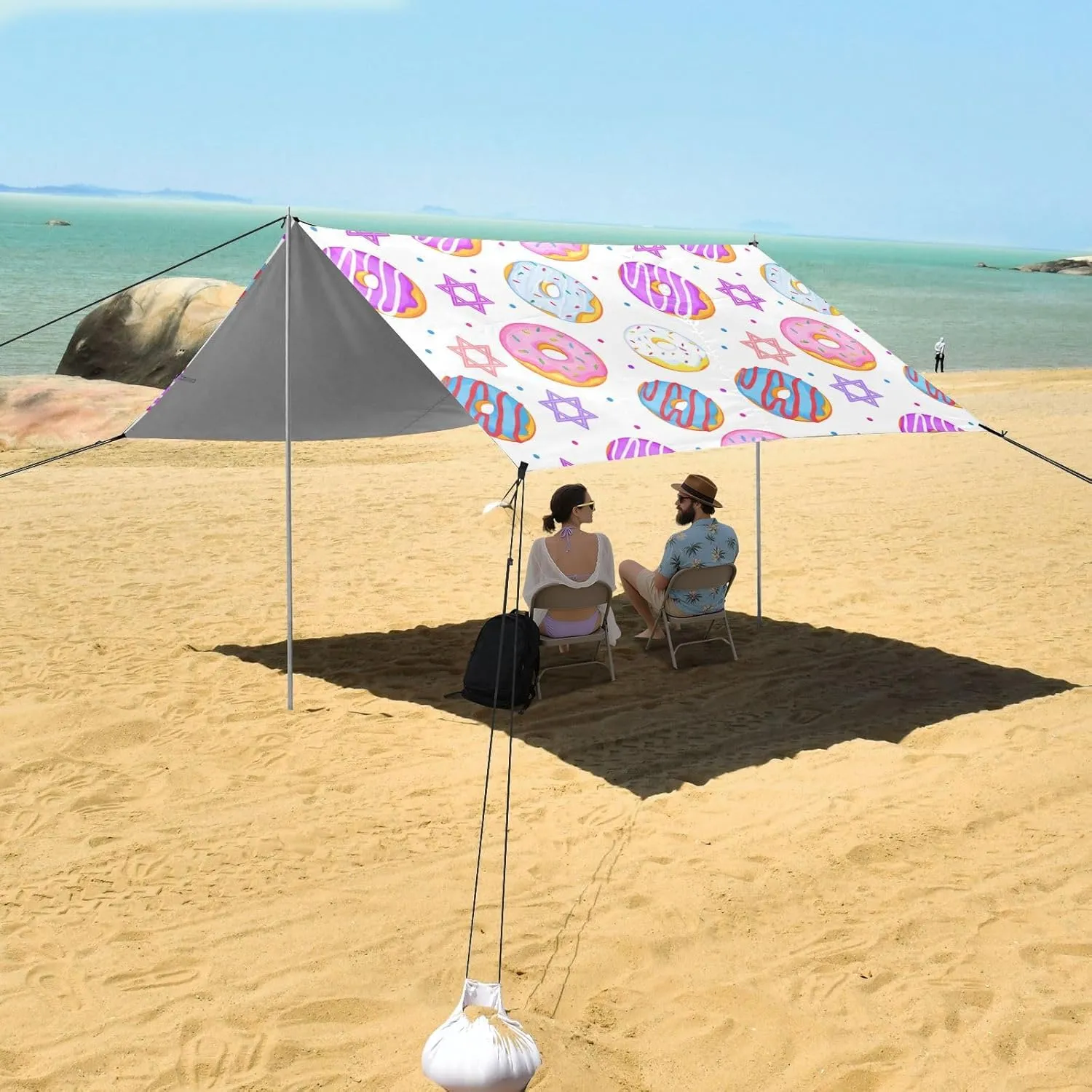 Canopy Beach Tent Outdoor Patio Sun Shade 9.2 × 10.5 FT Pool Camping Sun Shelter Custom Colorful Donuts Star Print Sunshade with Sandbags Anchor