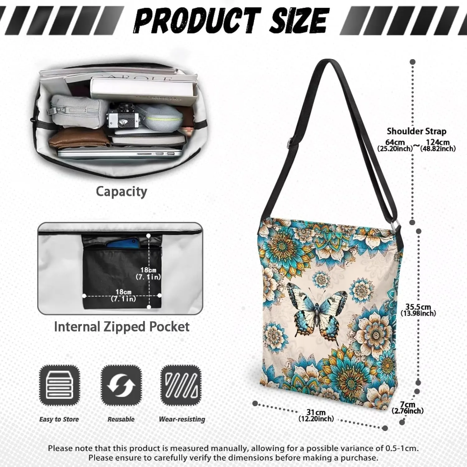 Canvas Crossbody Bag Women Shoulder Bag with Zipper Messenger Bag Storage Organizer with Strap Tote Bag with Pocket