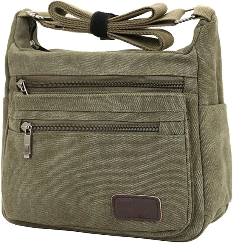 Canvas Shoulder Bag for Women and Men Messenger Handbags Cross Body Multi Zipper Pockets Bag
