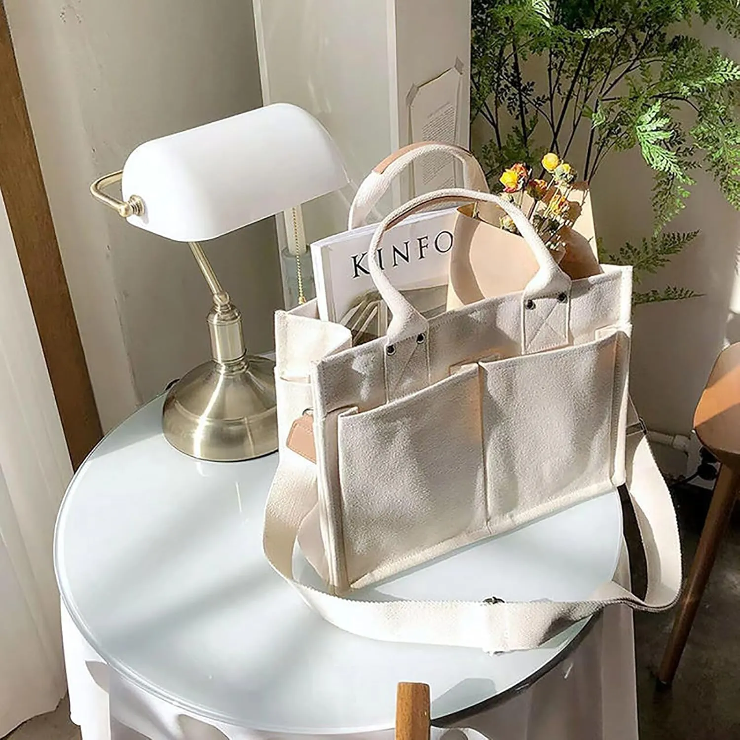 Canvas Tote Bags for Women Large Capacity Messenger Bag Durable Shoulder Bag Multi Pocket Casual Work Bags