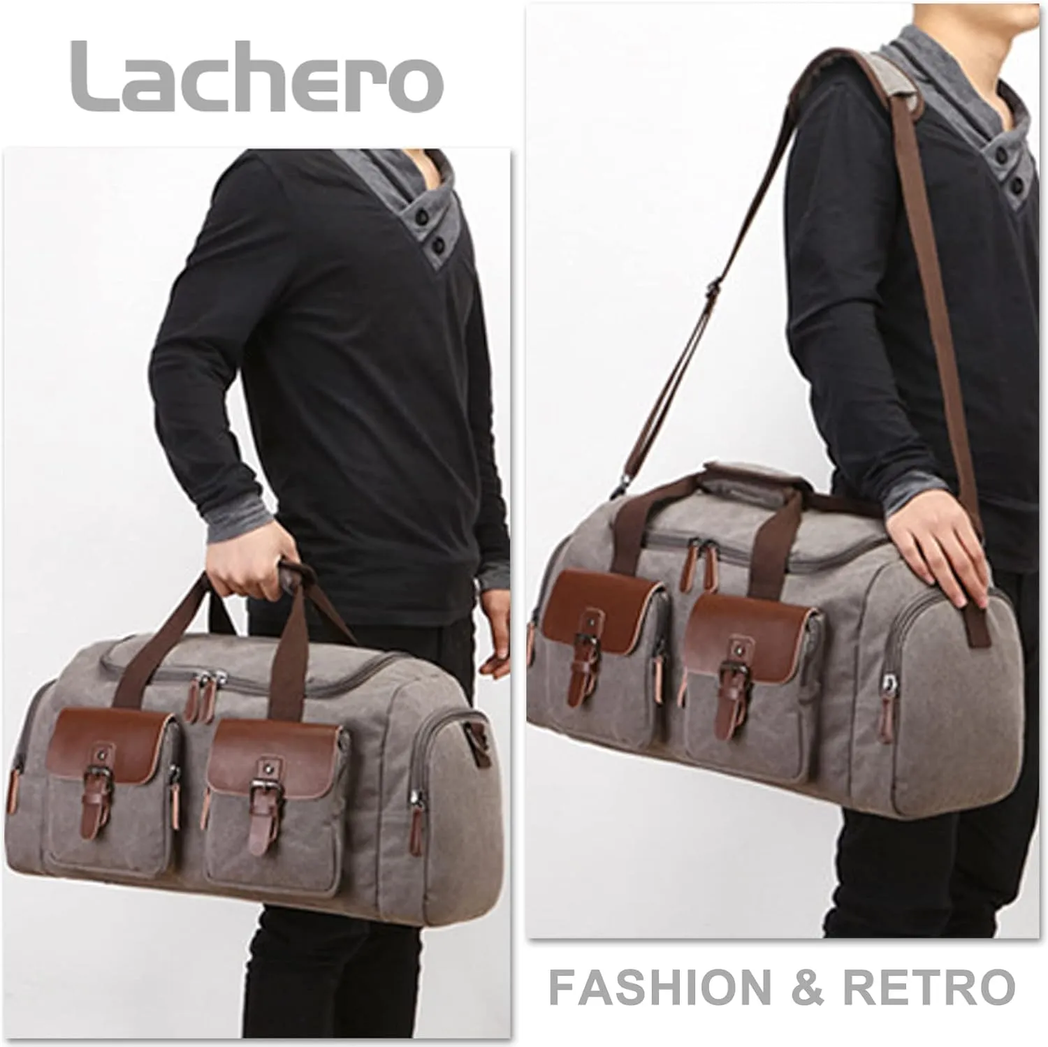 Canvas Weekend Bag for Men, Vintage Travel Duffle Bags Large Capacity Crossbody Shoulder Bag for Camping Hiking (B/Brown)