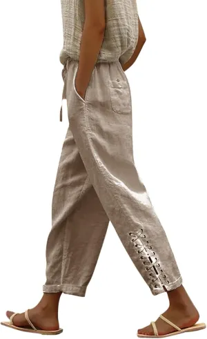 Capri Linen Pants for Women Drawstring Capri Pants with Pockets Wide Leg Cropped Pants for Capri Linen Pants for