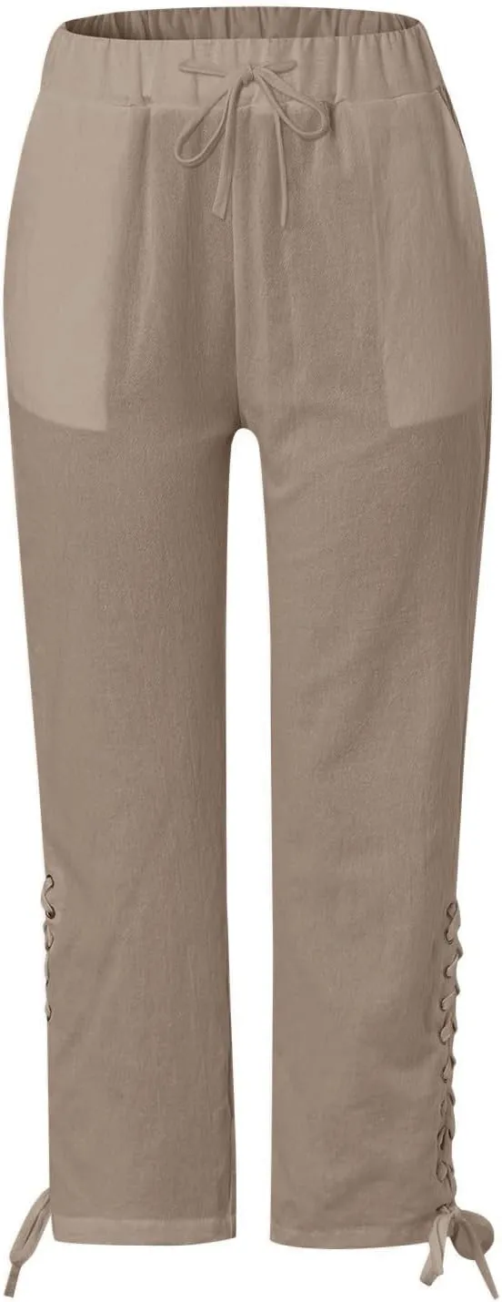 Capri Linen Pants for Women Drawstring Capri Pants with Pockets Wide Leg Cropped Pants for Capri Linen Pants for