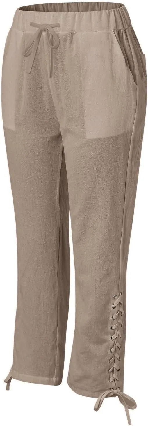 Capri Linen Pants for Women Drawstring Capri Pants with Pockets Wide Leg Cropped Pants for Capri Linen Pants for
