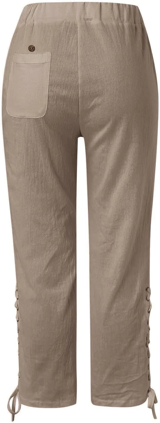 Capri Linen Pants for Women Drawstring Capri Pants with Pockets Wide Leg Cropped Pants for Capri Linen Pants for