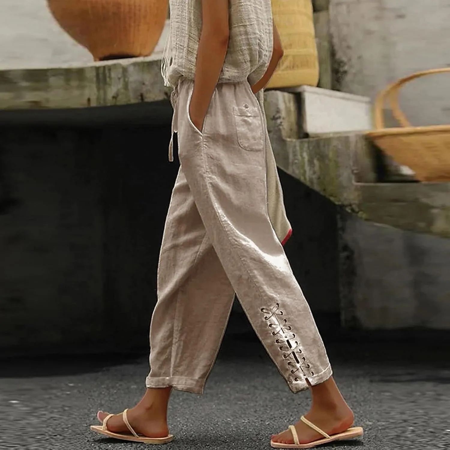 Capri Linen Pants for Women Drawstring Capri Pants with Pockets Wide Leg Cropped Pants for Capri Linen Pants for