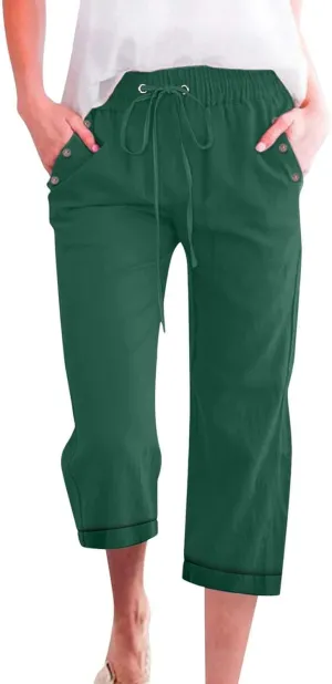 Capri Pants for Women Cotton Linen Casual Summer Capris Plus Size Drawstring Elastic Waist Lounge Pants with Pockets