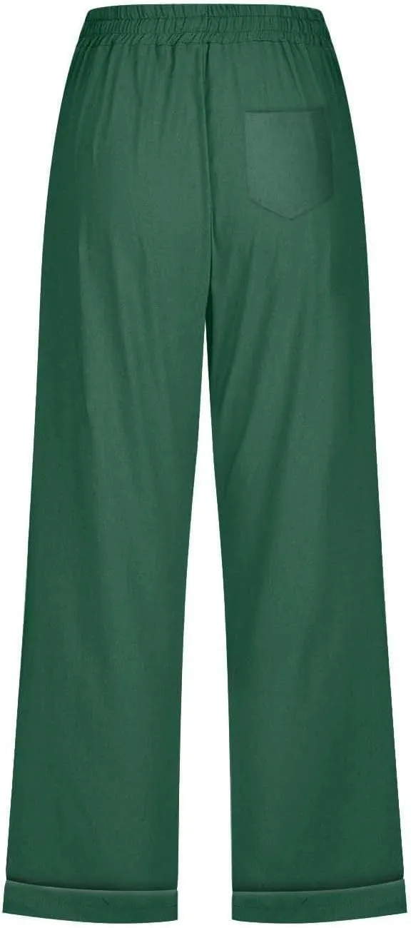 Capri Pants for Women Cotton Linen Casual Summer Capris Plus Size Drawstring Elastic Waist Lounge Pants with Pockets