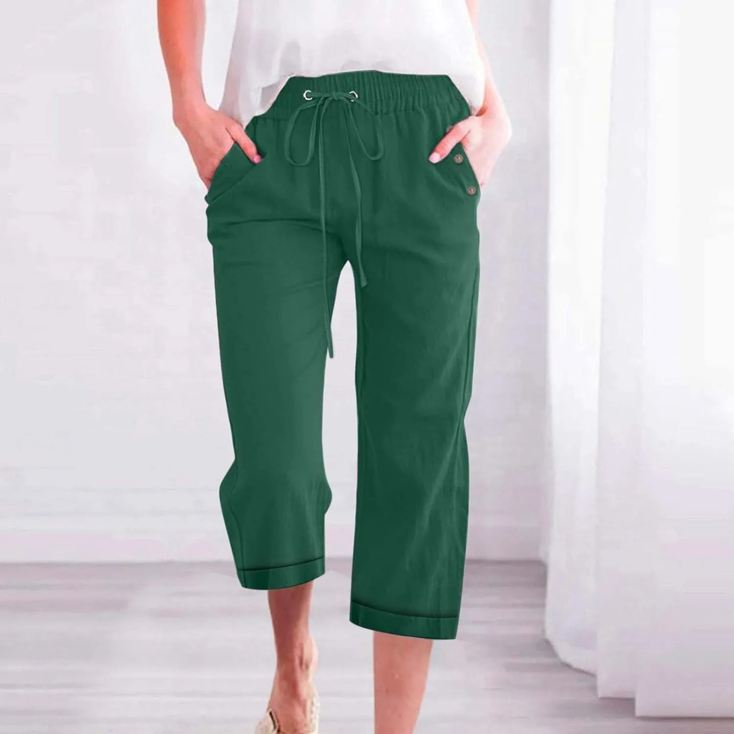 Capri Pants for Women Cotton Linen Casual Summer Capris Plus Size Drawstring Elastic Waist Lounge Pants with Pockets