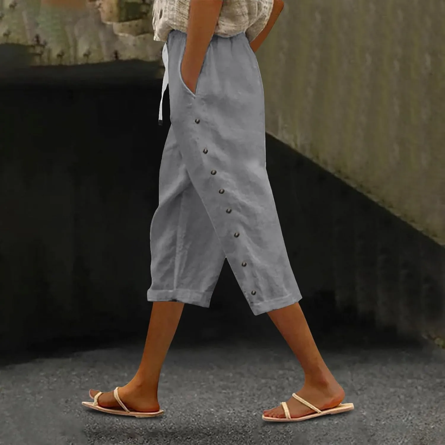Capris Pants for Women Color Cotton Linen Elastic Seven Pants Beach Casual Pants Linen Baggy Comfort Trousers with