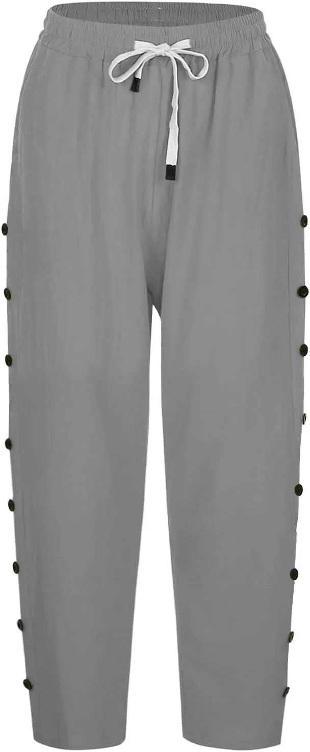 Capris Pants for Women Color Cotton Linen Elastic Seven Pants Beach Casual Pants Linen Baggy Comfort Trousers with