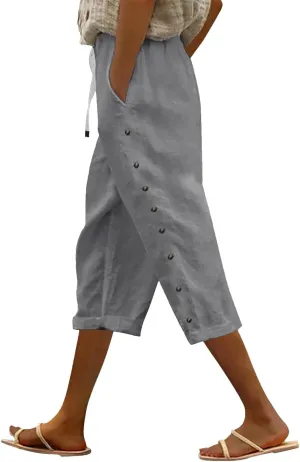 Capris Pants for Women Color Cotton Linen Elastic Seven Pants Beach Casual Pants Linen Baggy Comfort Trousers with