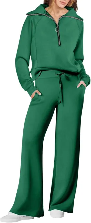 Casual 2 Piece Sportwears for Women Trendy Half Zip Sweatshirt Wide Leg Sweatpant Sets Casual Solid Color Tracksuits