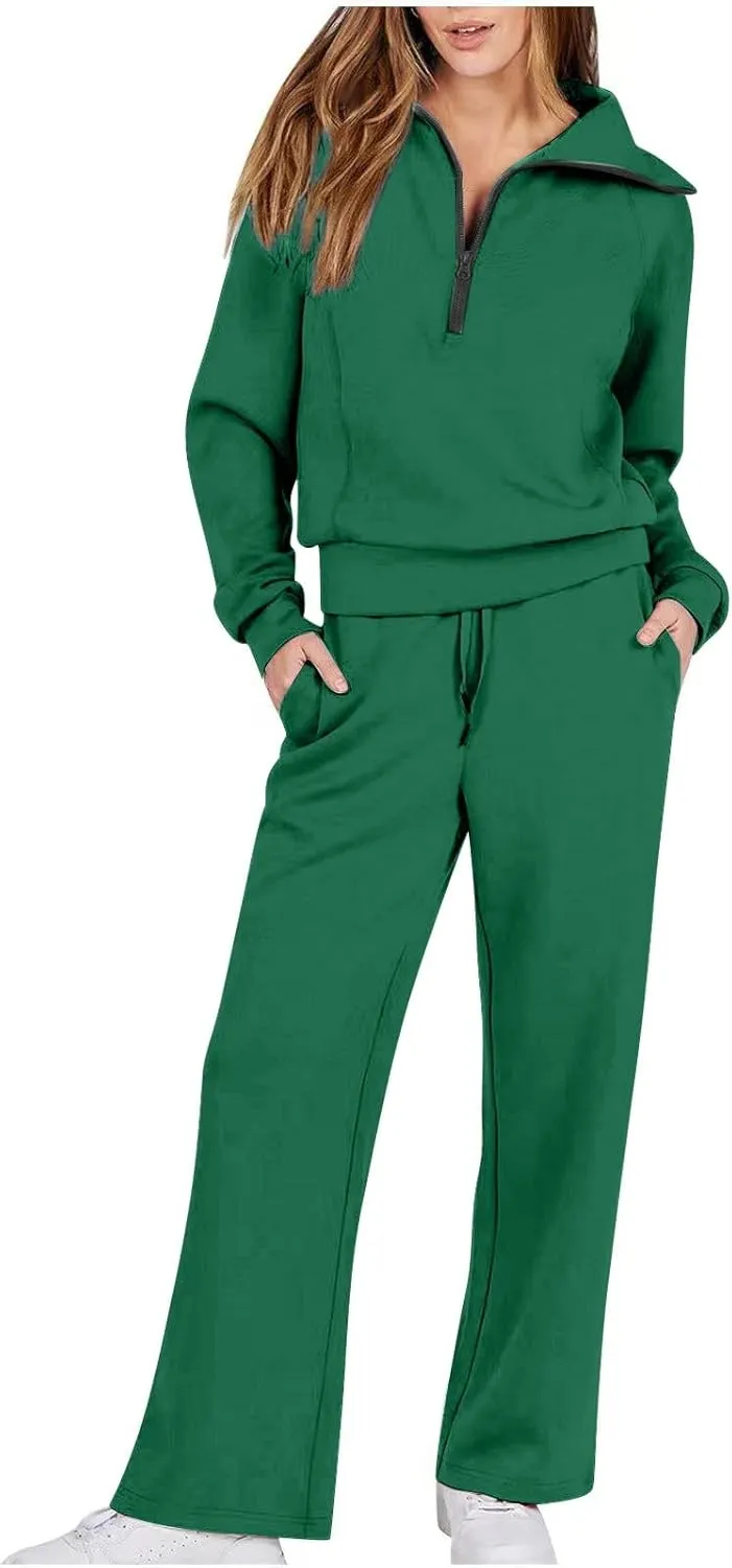 Casual 2 Piece Sportwears for Women Trendy Half Zip Sweatshirt Wide Leg Sweatpant Sets Casual Solid Color Tracksuits