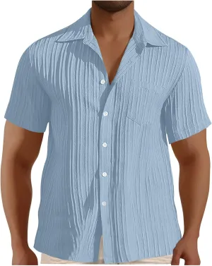 Casual Shirts for Men Summer Loose Fashion Button Down Shirts Vacation Solid Pleated Lapel Short Sleeve Top Clothes