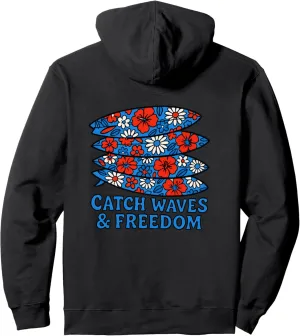 Catch Waves and Freedom Surfboard Floral Pullover Hoodie