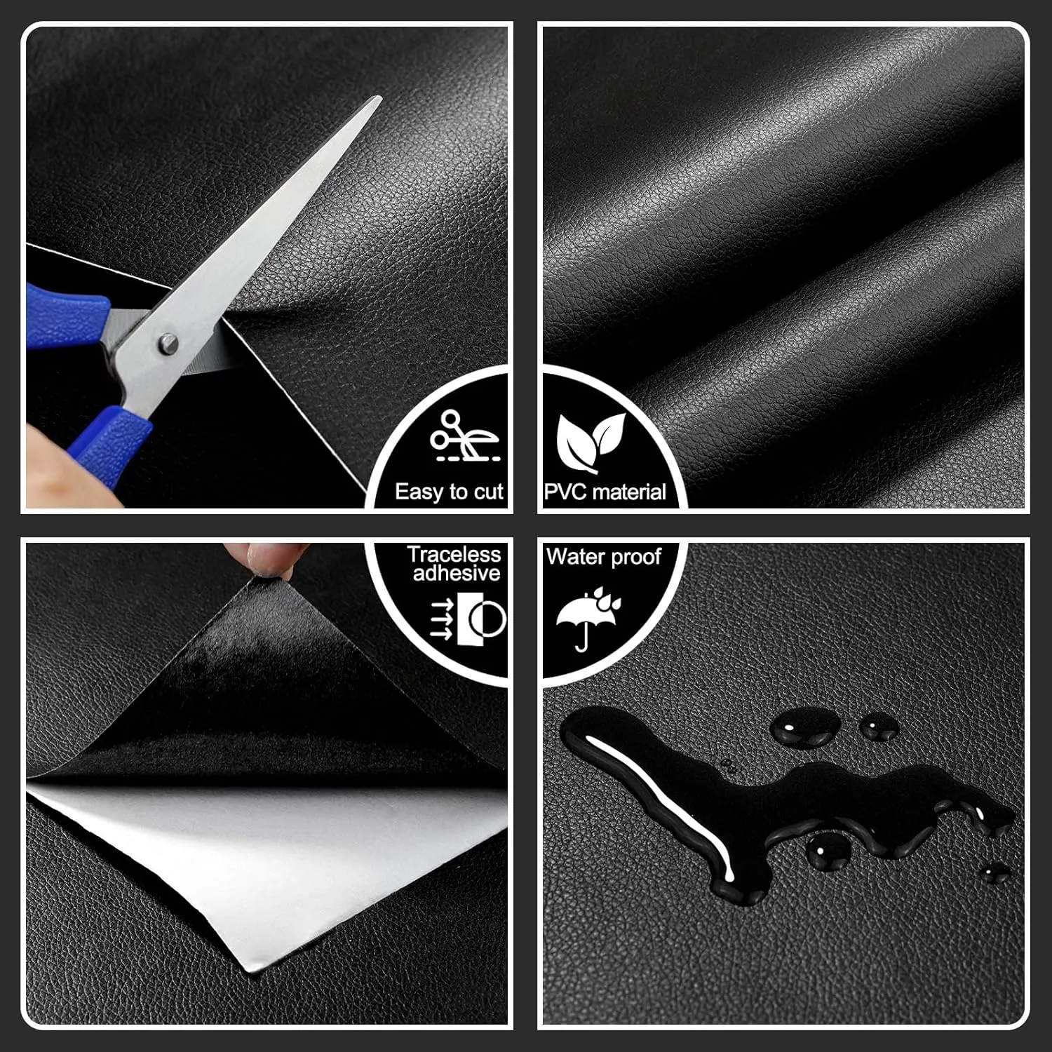 CAX Black Faux Leather Repair Patch 15.7x160 Inch Large Self-Adhesive Leather Repair Tape,Leather Repair Kit for Cabinets,Shelves,Sofa,Car Seats,Chairs,Bags,Shoes(Waterproof, Textured)