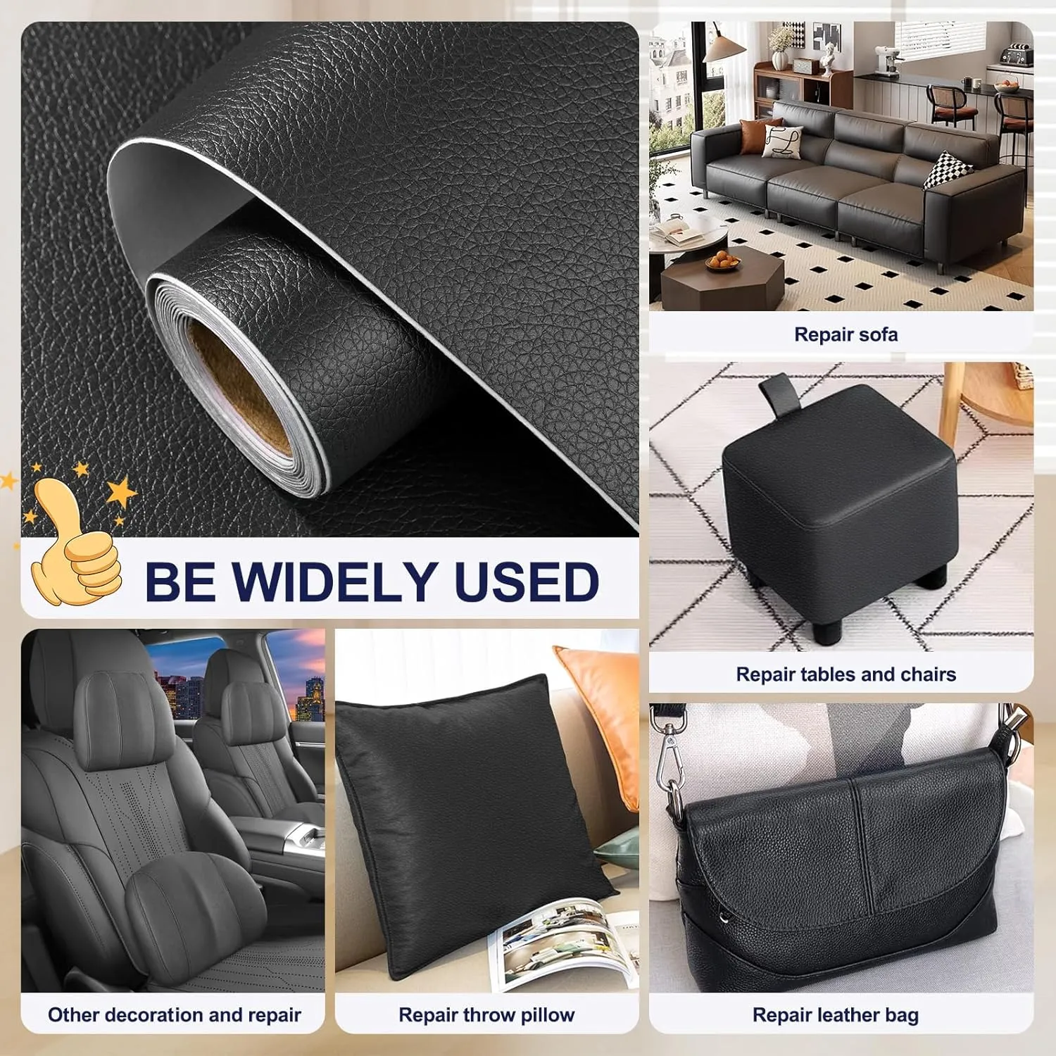 CAX Black Faux Leather Repair Patch 15.7x160 Inch Large Self-Adhesive Leather Repair Tape,Leather Repair Kit for Cabinets,Shelves,Sofa,Car Seats,Chairs,Bags,Shoes(Waterproof, Textured)
