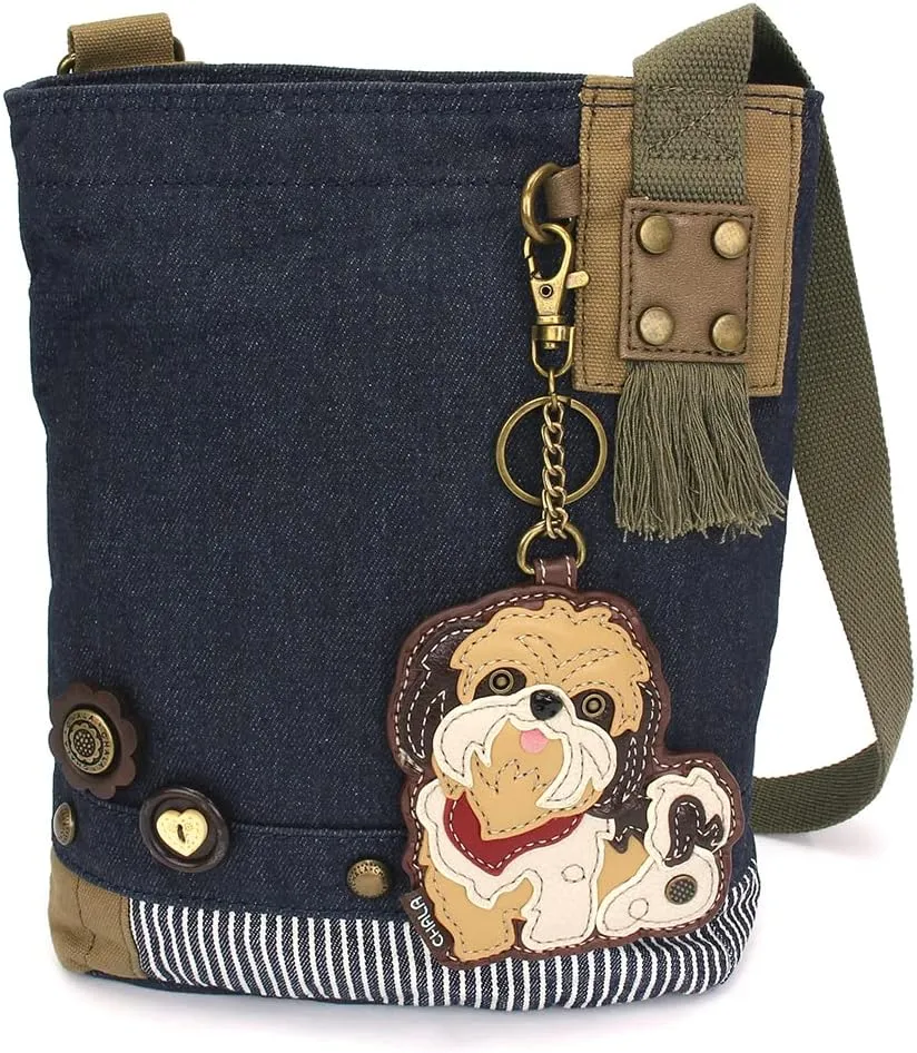 CHALA Patch Cross-Body Women Handbag, Blue Denim Canvas Messenger Bag