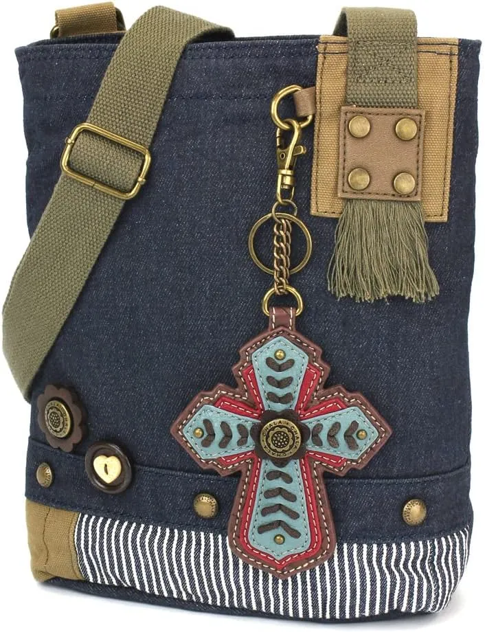 CHALA Patch Cross-Body Women Handbag, Blue Denim Canvas Messenger Bag