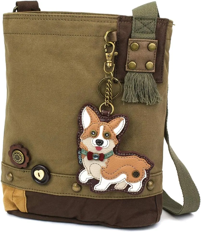 CHALA Patch Cross-Body Women Handbag Canvas Messenger Bag - Corgi - Olive