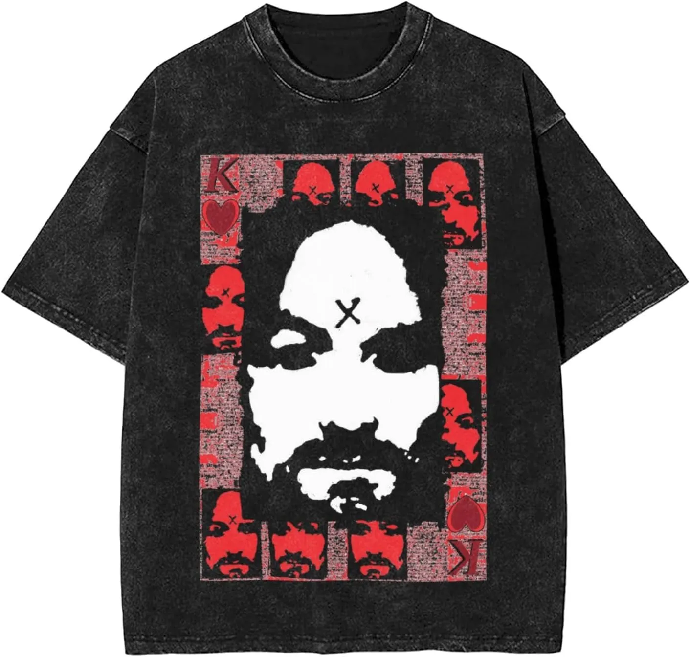 Charles Muisc Manson T-Shirt Retro Washed Off Shoulder Short Sleeved with Stamping Pattern Tees