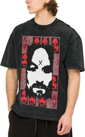 Charles Muisc Manson T-Shirt Retro Washed Off Shoulder Short Sleeved with Stamping Pattern Tees