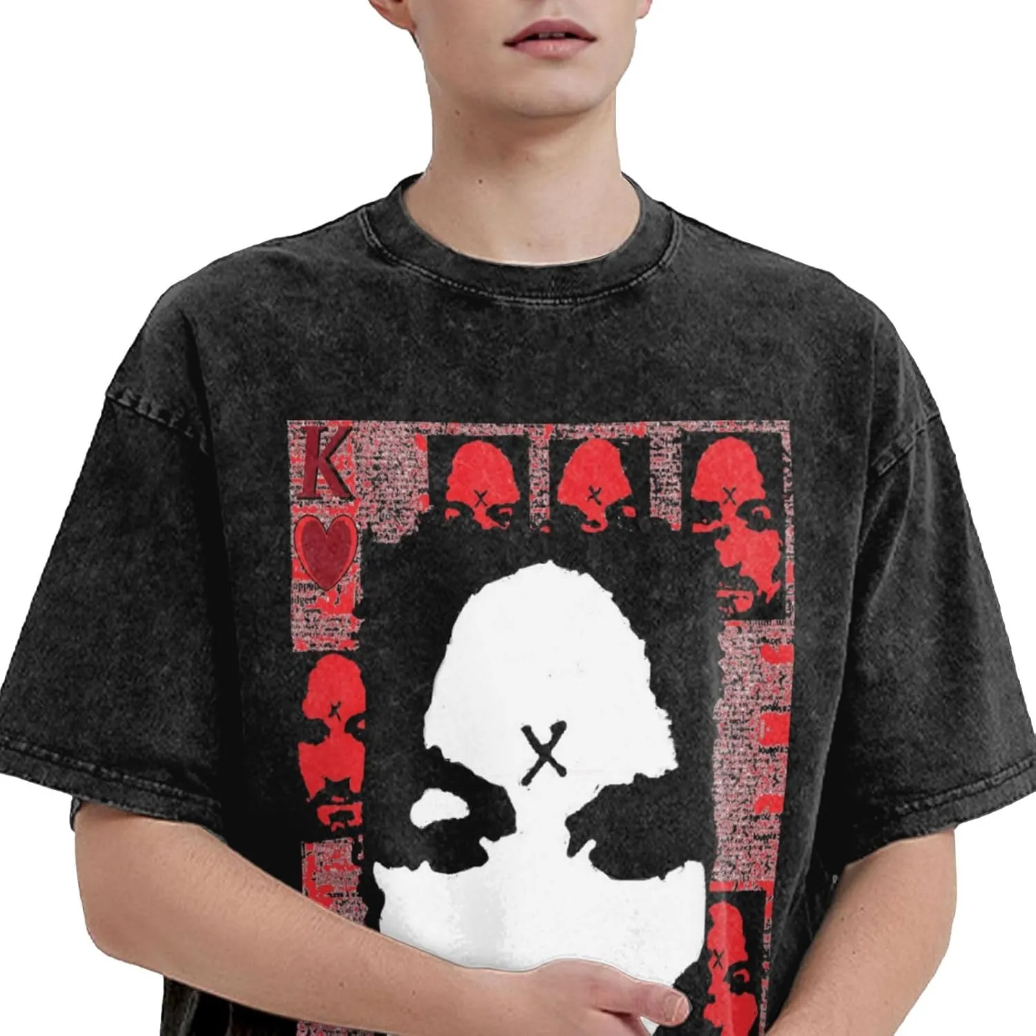 Charles Muisc Manson T-Shirt Retro Washed Off Shoulder Short Sleeved with Stamping Pattern Tees