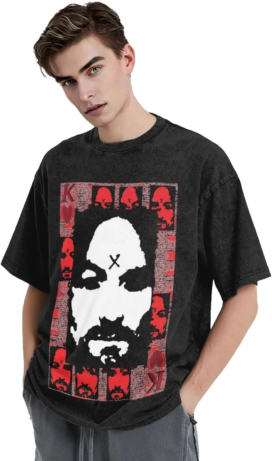 Charles Muisc Manson T-Shirt Retro Washed Off Shoulder Short Sleeved with Stamping Pattern Tees