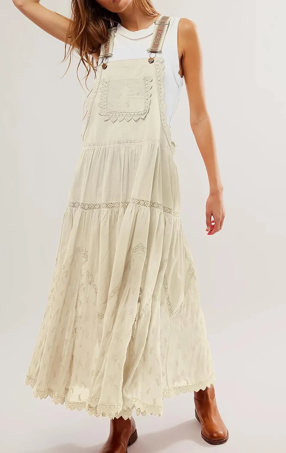 CHARTOU Women Bib Overall Dress Jumper Babydoll Pinafore Dress Embroidered Lace Maternity Straps Suspender Dress