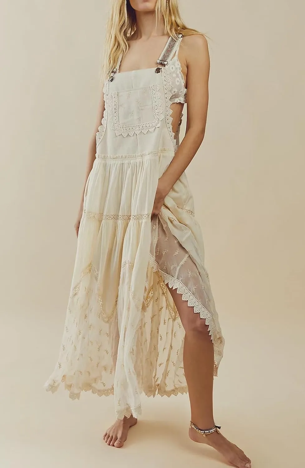 CHARTOU Women Bib Overall Dress Jumper Babydoll Pinafore Dress Embroidered Lace Maternity Straps Suspender Dress