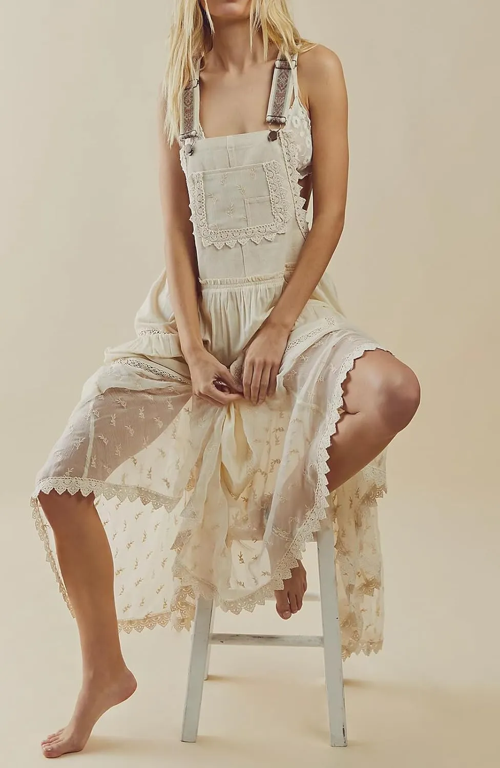 CHARTOU Women Bib Overall Dress Jumper Babydoll Pinafore Dress Embroidered Lace Maternity Straps Suspender Dress