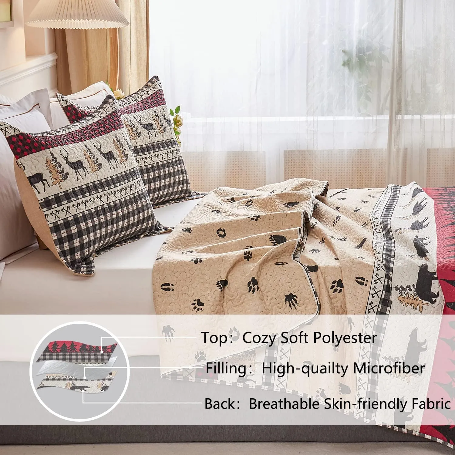 CHESITY Queen Size Quilt Lodge Bedspread Plaid Quilts Set Rustic Cabin Bedding Coverlet Black Deer Bear Paw Printed Reversible Lightweight Black White Patchwork Bed Cover Country Bedding Decor