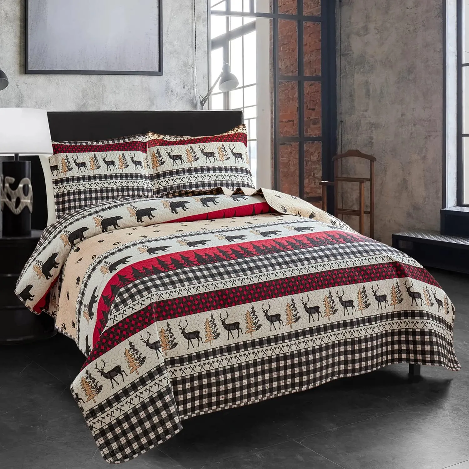 CHESITY Queen Size Quilt Lodge Bedspread Plaid Quilts Set Rustic Cabin Bedding Coverlet Black Deer Bear Paw Printed Reversible Lightweight Black White Patchwork Bed Cover Country Bedding Decor