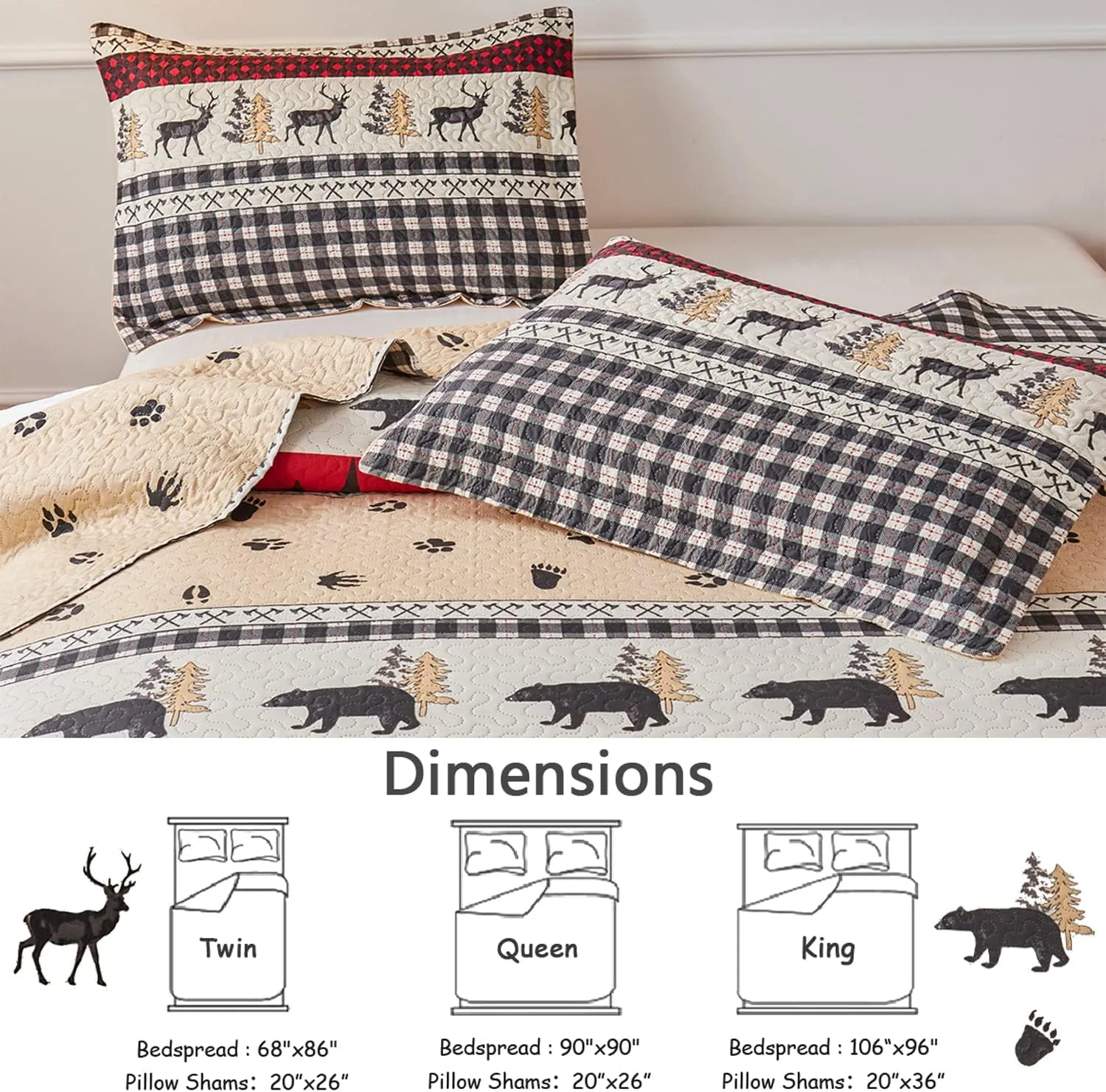 CHESITY Queen Size Quilt Lodge Bedspread Plaid Quilts Set Rustic Cabin Bedding Coverlet Black Deer Bear Paw Printed Reversible Lightweight Black White Patchwork Bed Cover Country Bedding Decor