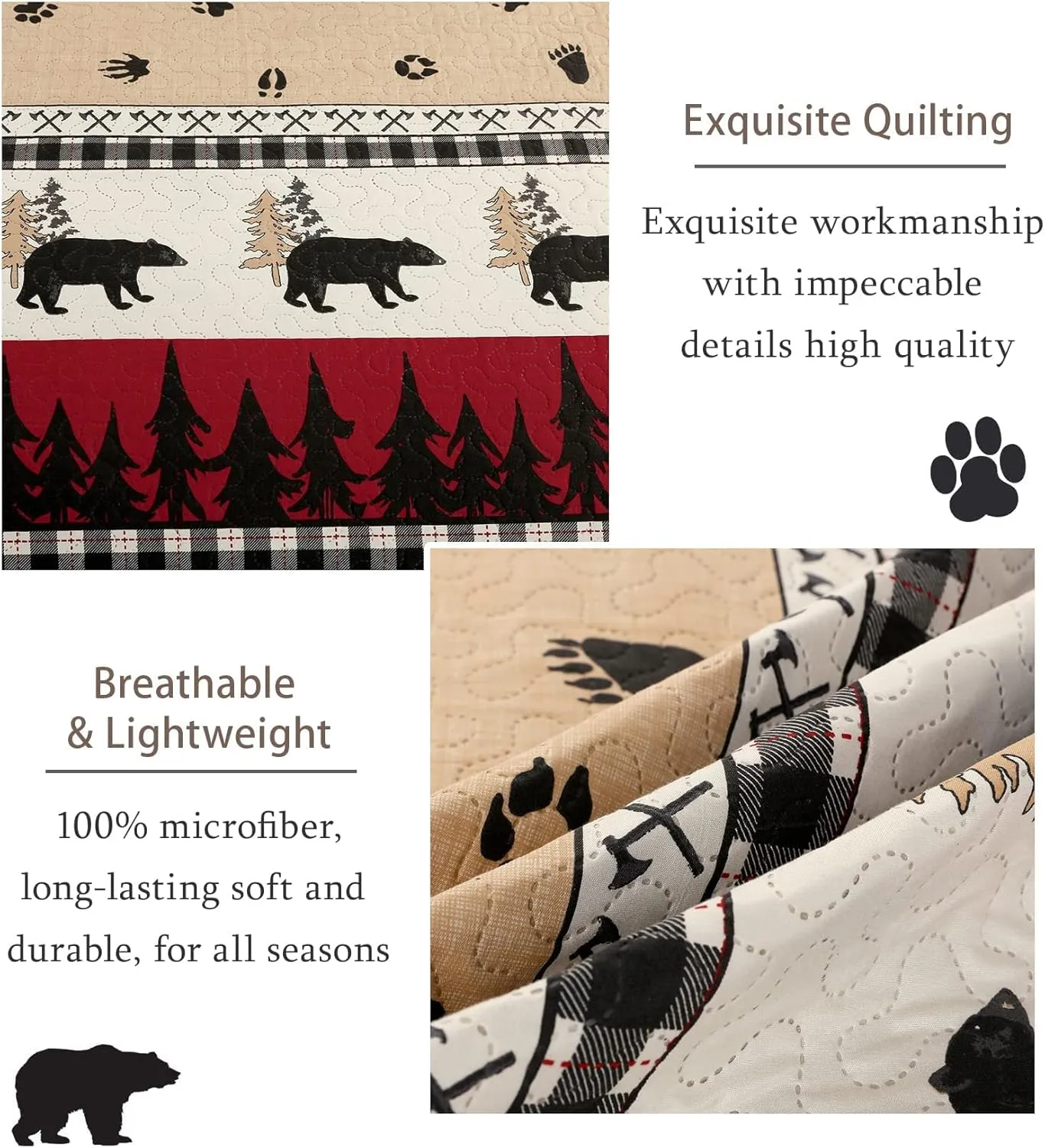 CHESITY Queen Size Quilt Lodge Bedspread Plaid Quilts Set Rustic Cabin Bedding Coverlet Black Deer Bear Paw Printed Reversible Lightweight Black White Patchwork Bed Cover Country Bedding Decor