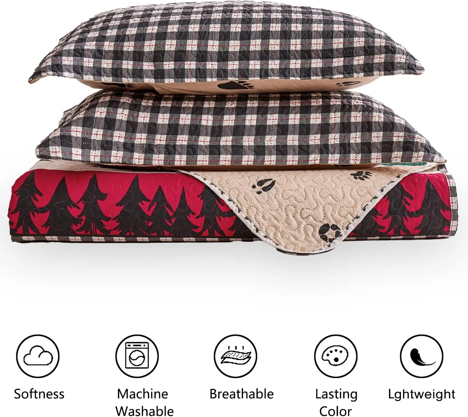 CHESITY Queen Size Quilt Lodge Bedspread Plaid Quilts Set Rustic Cabin Bedding Coverlet Black Deer Bear Paw Printed Reversible Lightweight Black White Patchwork Bed Cover Country Bedding Decor